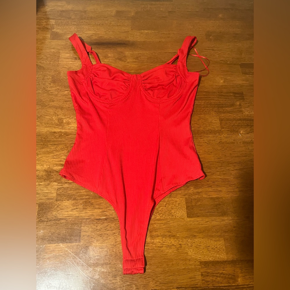 Red Ribbed Women's Bodysuit